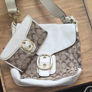 Coach Cream and Tan Signature Bleeker Bag with Wallet Matching